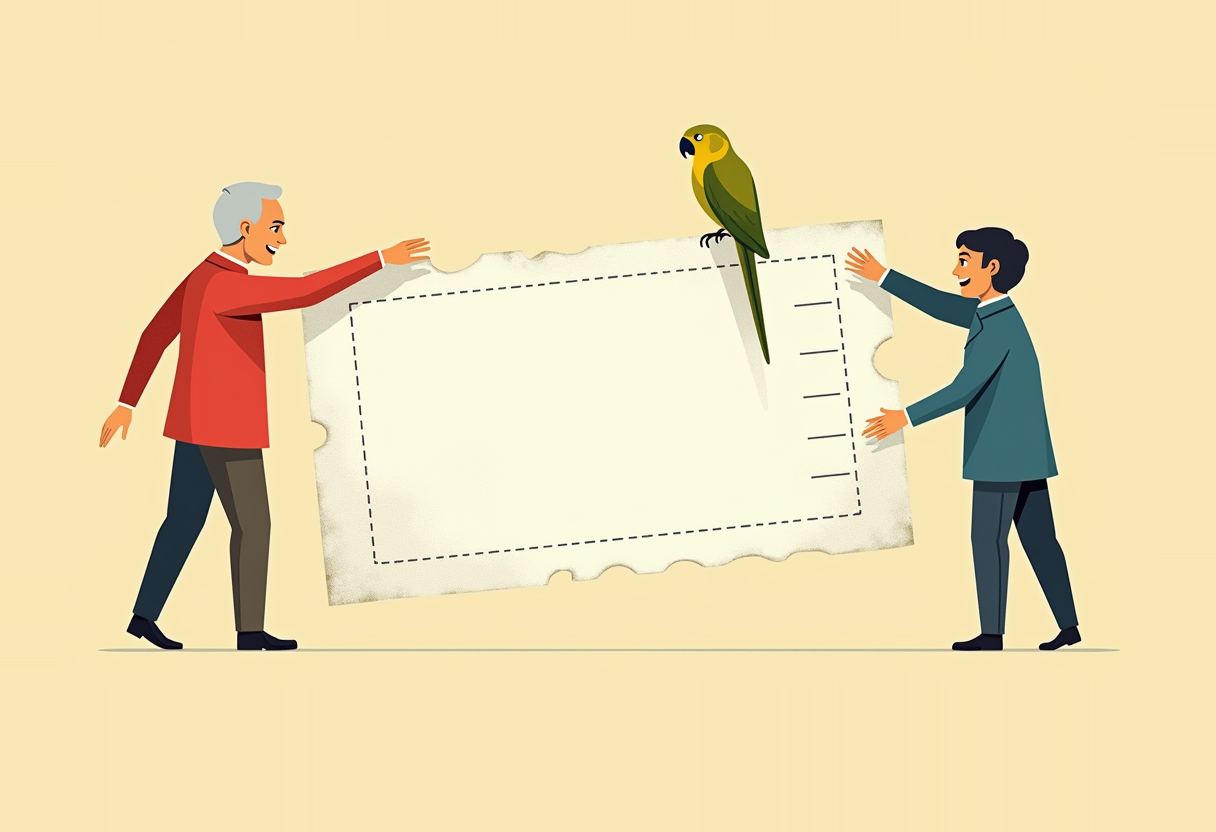 Two men hold opposite corners of a large blank ticket-shaped card with a dashed border, while a green parrot perches on top, against a pale yellow background.