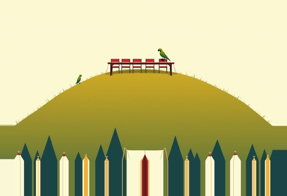 A green parrot perches on a row of red chairs atop a rounded hill, another parrot stands nearby, with pointed tents and tall pencil-like poles lining the base below.