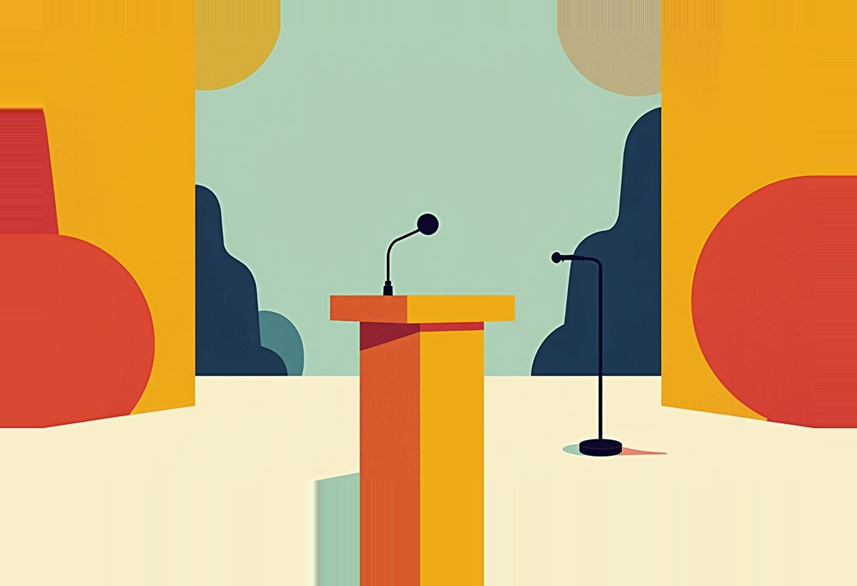 A flat-design illustration of an empty orange-and-yellow podium with a gooseneck mic and a separate standing microphone beside it, flanked by yellow pillars and red circles, with dark blue rock shapes against a pale green backdrop.