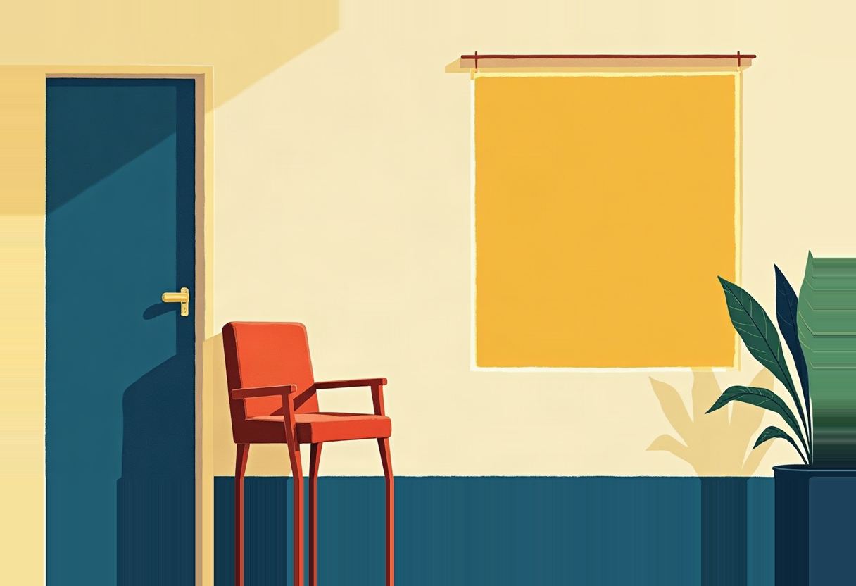 An empty red armchair sits beside a closed teal door in a room with a yellow wall, a drawn yellow window shade, and a potted plant.