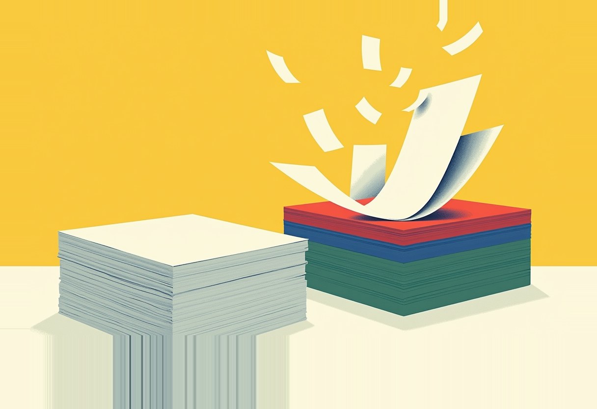 Two paper stacks on a yellow background: a plain grey stack beside a red-blue-green layered stack with a sheet flying up, shedding torn scraps.