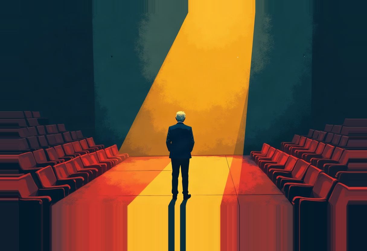 A gray-haired man in a dark suit stands alone in an empty red-seated theater aisle, facing a wedge of yellow spotlight on a teal wall.