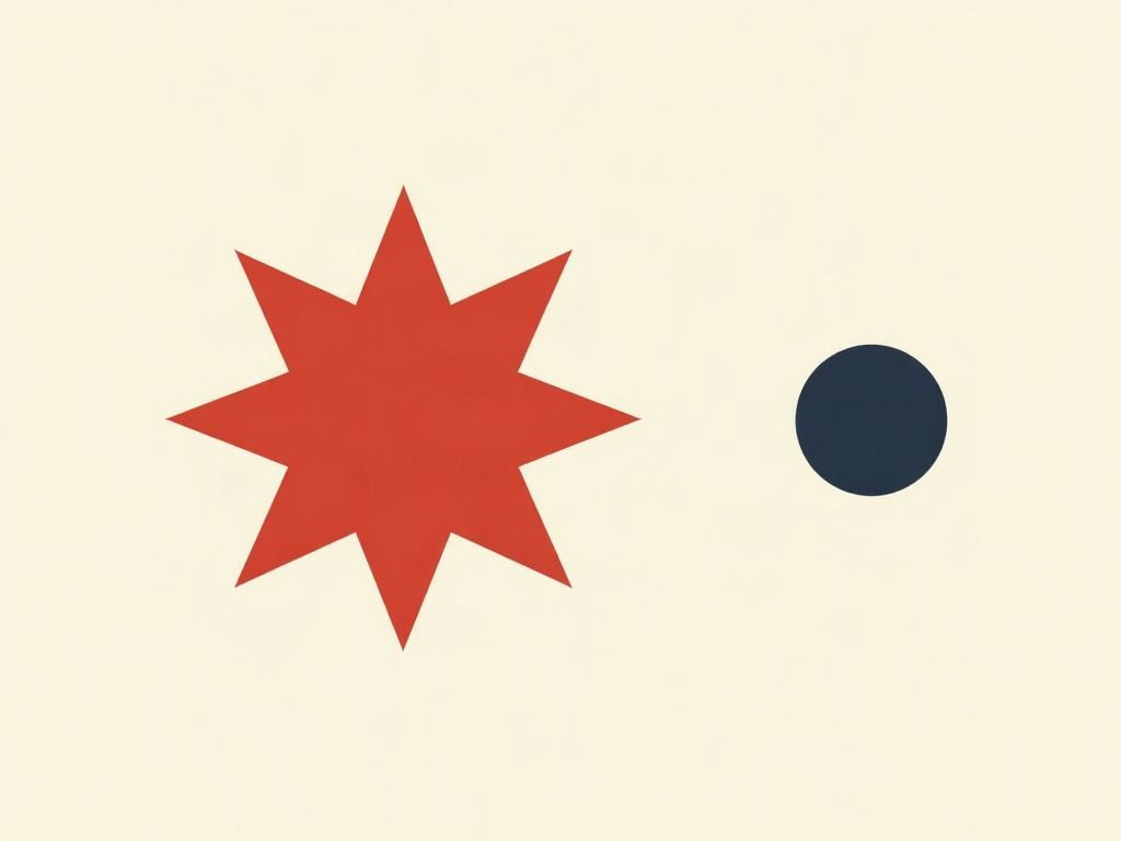 A large red eight-pointed star on the left and a smaller dark navy circle on the right, on a cream background.