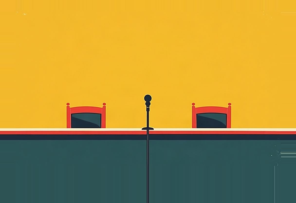 Two empty red-backed chairs flank a standing microphone behind a teal-and-cream desk, set against a flat yellow backdrop.