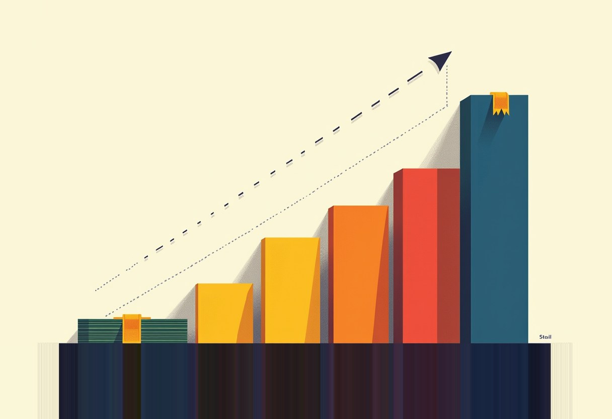 Six ascending bars in green, yellow, orange, red and teal rise left to right, the tallest teal bar topped with a gold ribbon, an upward dashed arrow above.