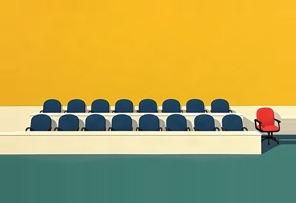 Two raised rows of empty dark-blue courtroom-style seats beside a single red office chair, set against a yellow wall and teal floor.