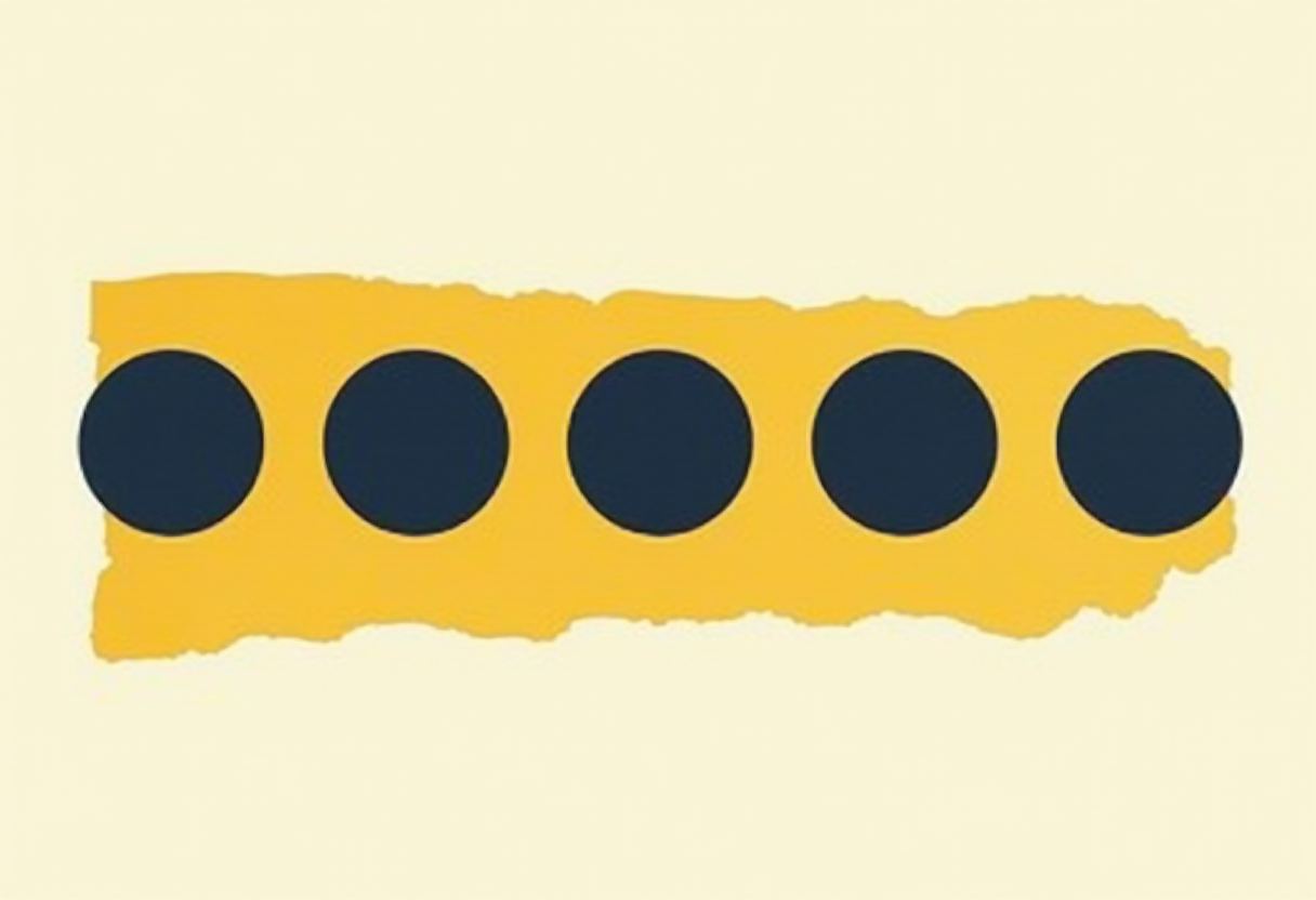 A horizontal strip of torn yellow paper on a cream background with five evenly spaced dark navy circles across it.