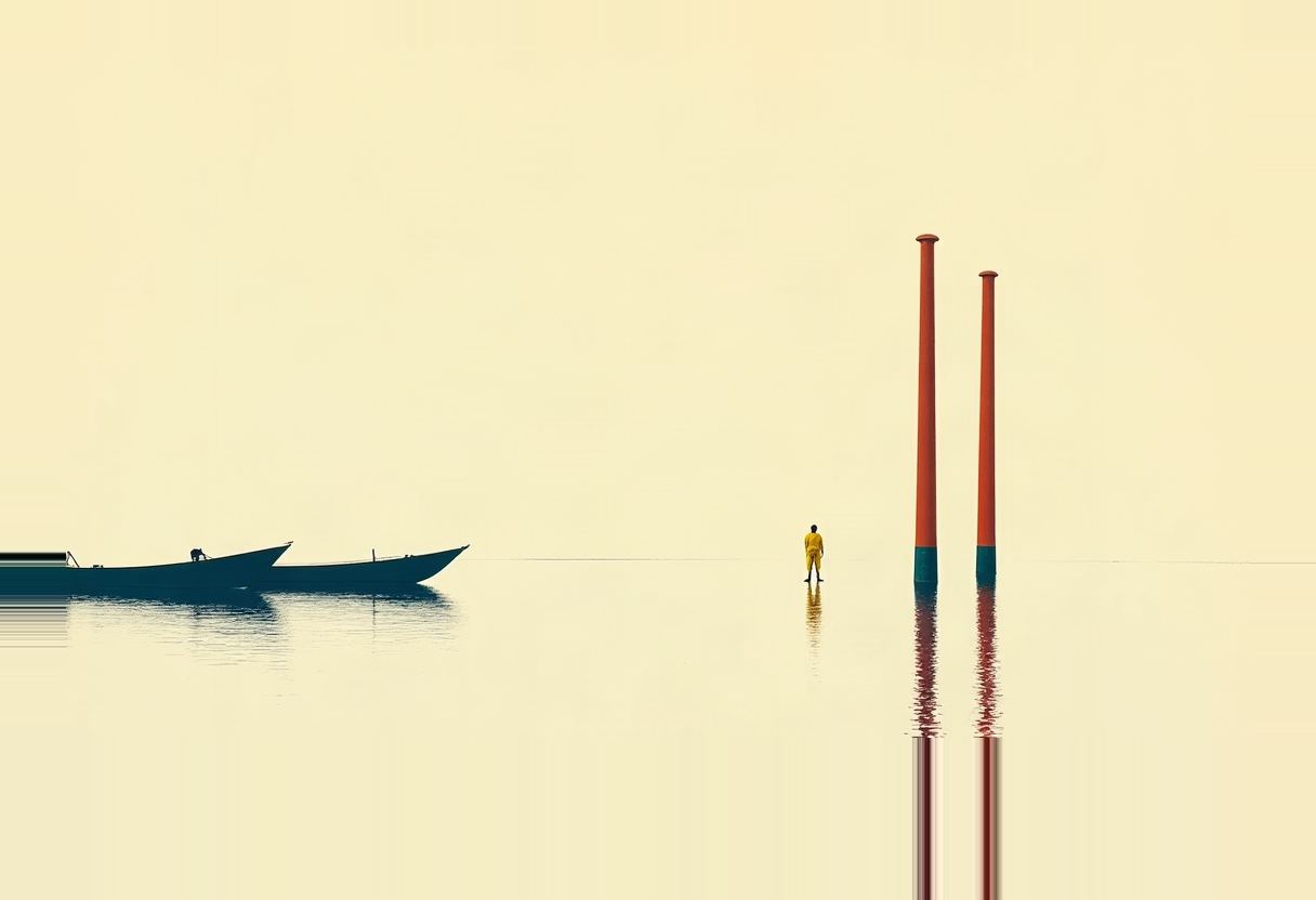 On calm pale-yellow water, two dark silhouetted boats float at left, a figure in a yellow suit stands in the shallows at center, and two tall red poles rise beside them, all mirrored in the still water.