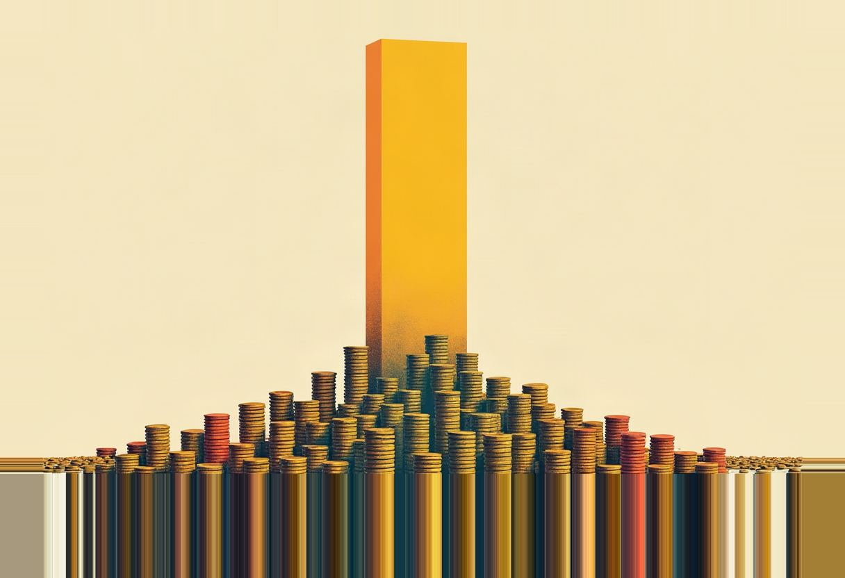 Flat editorial illustration: one tall column of stacked coins towers over a wide, low field of many small coin stacks, on warm off-white.