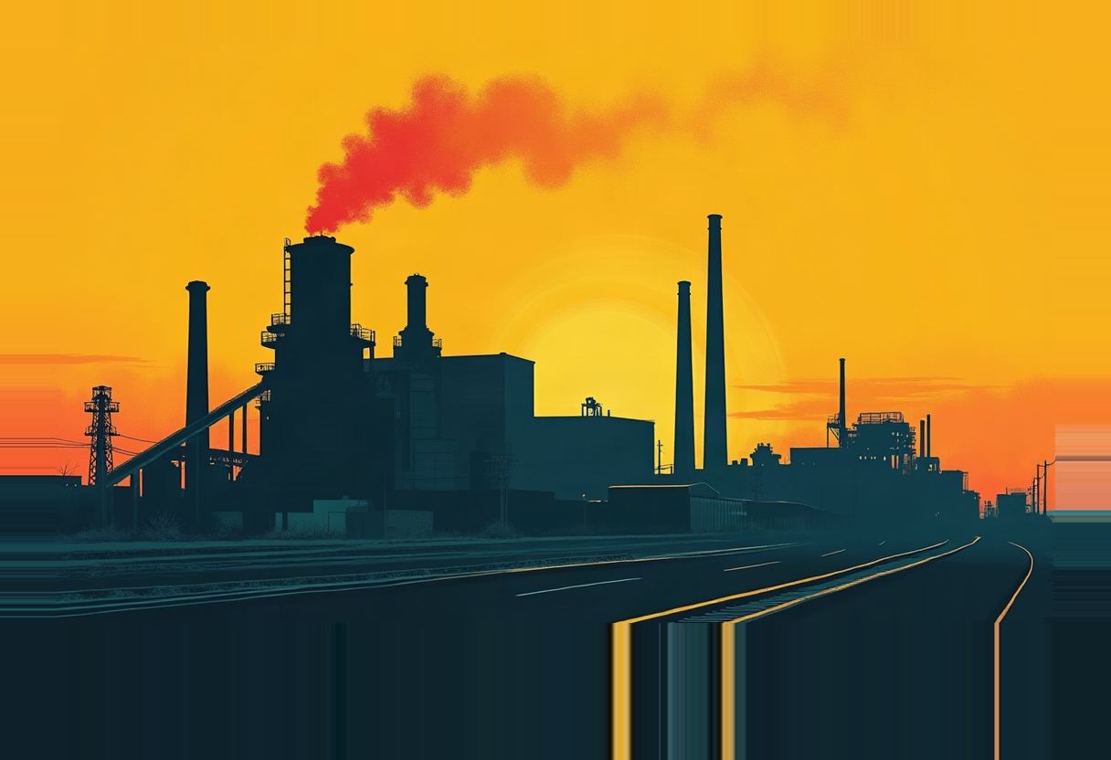 Silhouetted industrial plant with tall smokestacks and a tower releasing red-orange smoke against a glowing orange-yellow sky, with a road curving toward it in the foreground.
