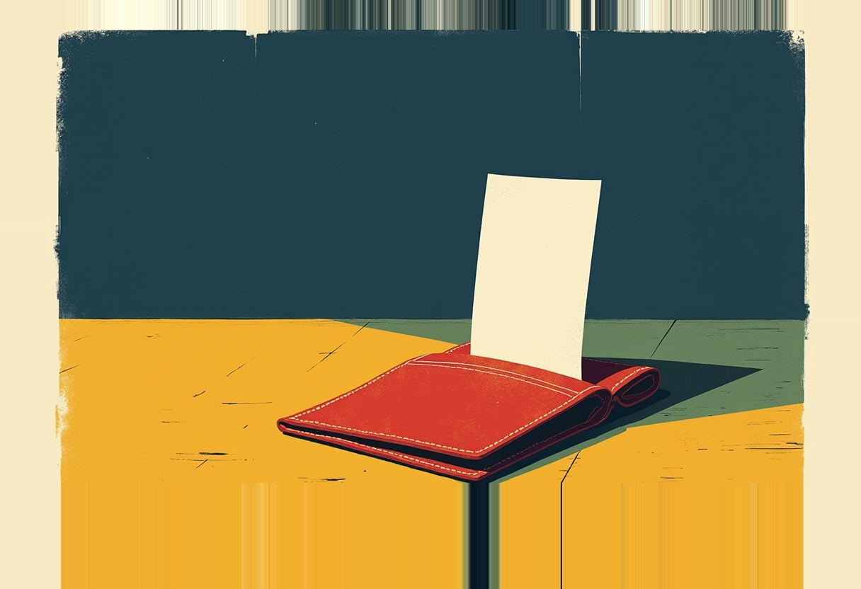 An open red leather wallet with a blank white paper sticking up out of it, sitting on a yellow surface against a dark teal background.