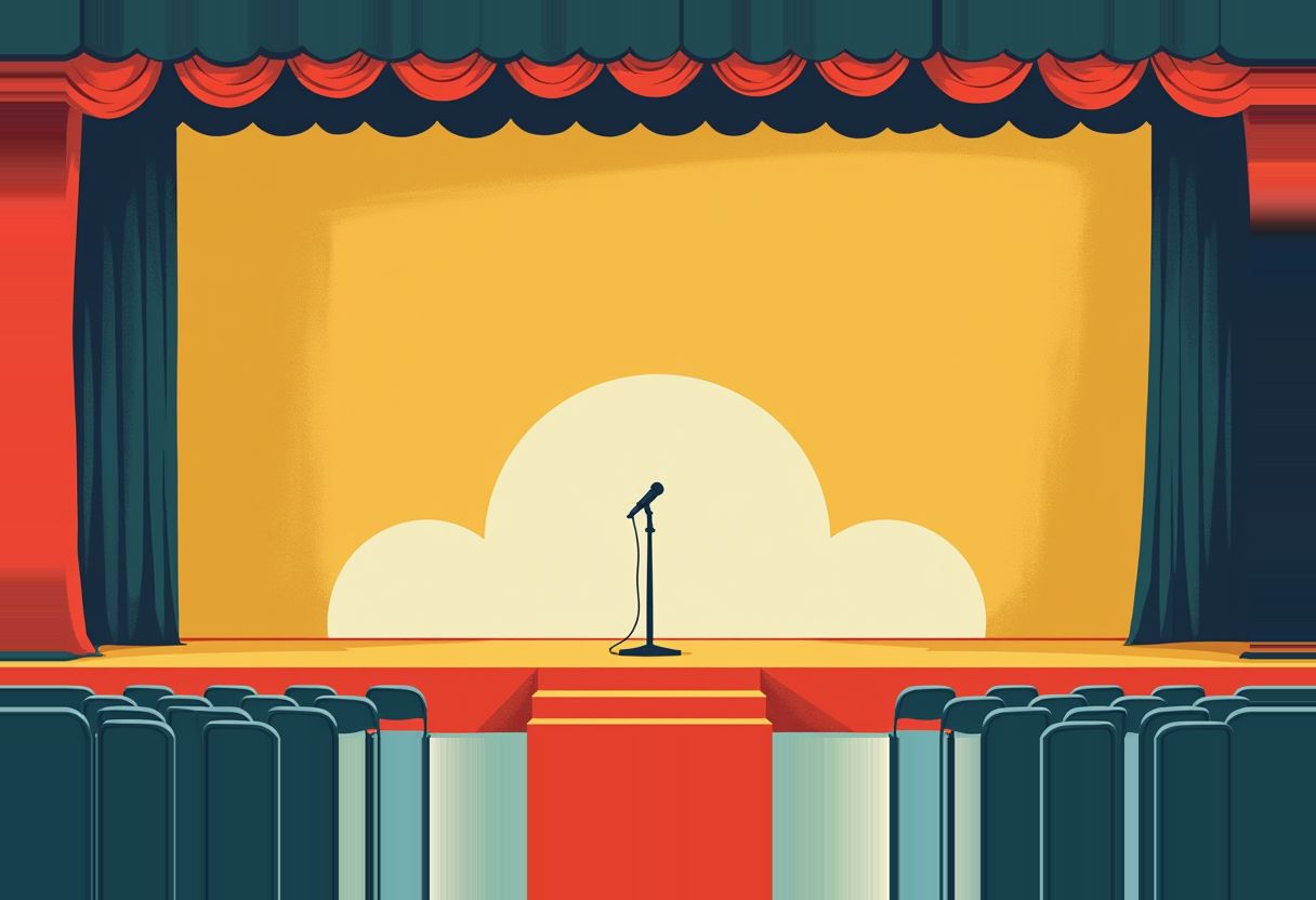 An empty red-curtained stage with a lone microphone stand, a pale cloud-shaped backdrop, yellow walls, and rows of empty teal theater seats in front.
