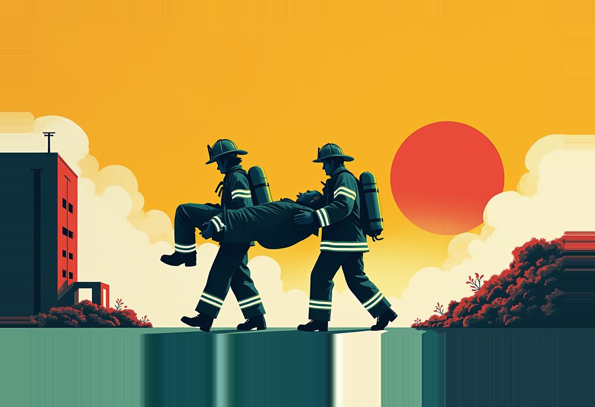 Two firefighters in helmets and oxygen tanks carry a limp person between them, a red building and large red sun behind them against an orange sky.
