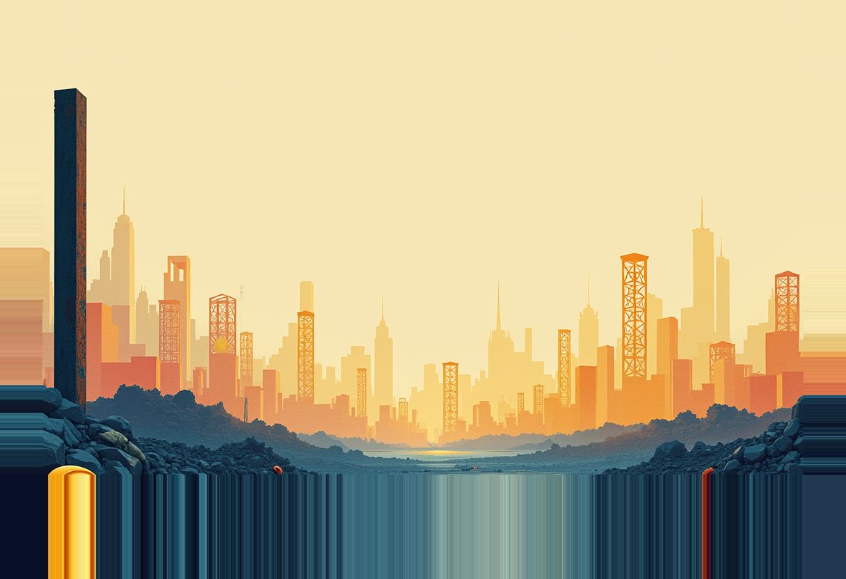 City skyline in orange and yellow tones with several open steel-lattice tower frames among solid buildings, a dark rusted pillar at left, and a blue river in the foreground.