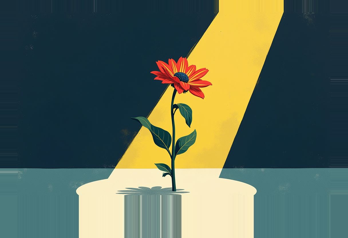 A single red flower with a dark blue center grows on a pale pedestal, lit by a diagonal yellow beam against a dark teal background.