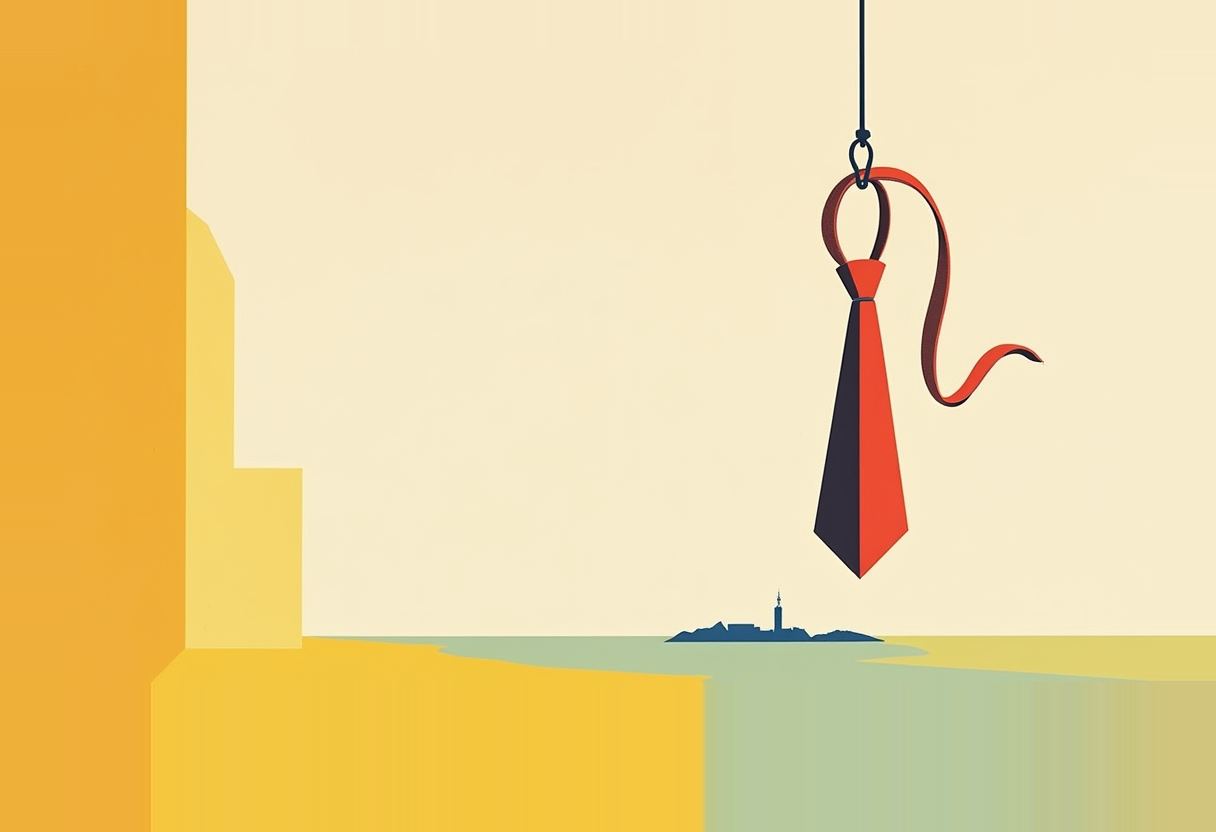 A red and dark-blue necktie hangs from a hook over water, with a small distant island and tower, beside tiered yellow and orange blocks.