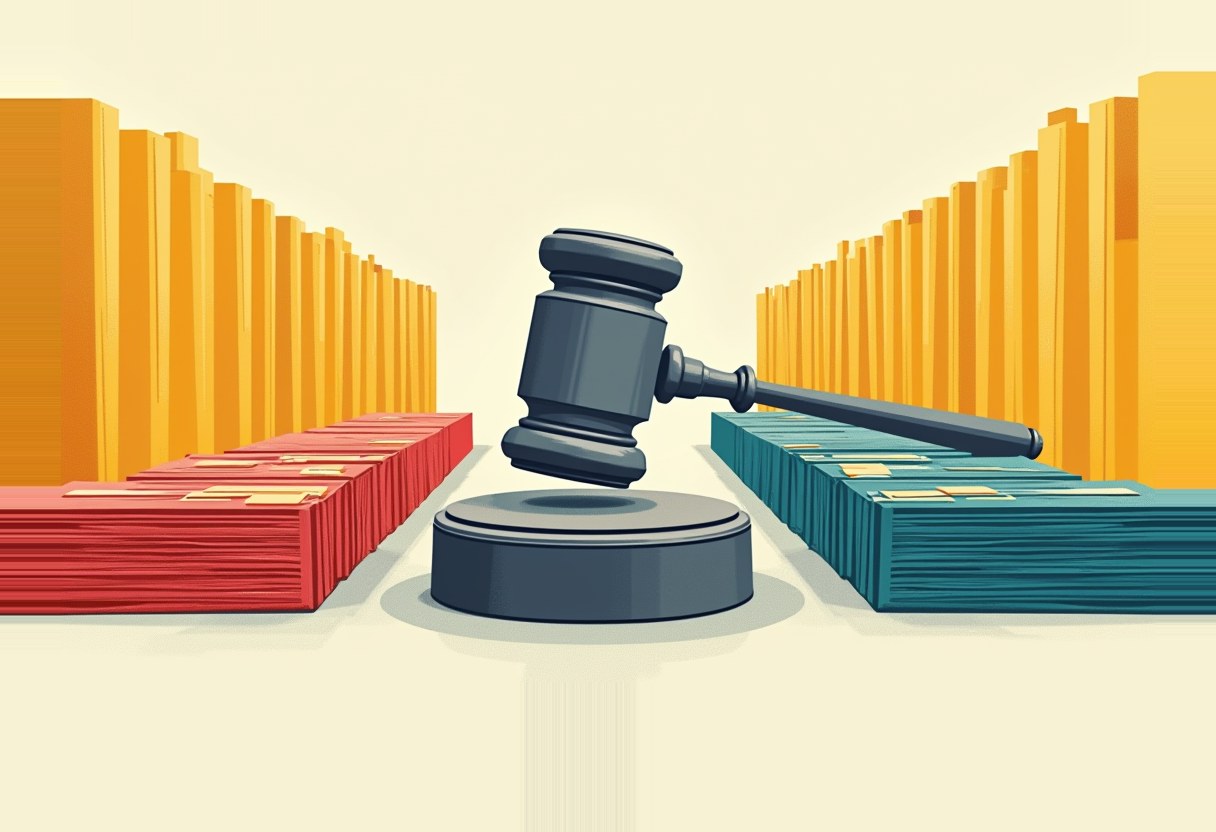 A gray gavel hovers over two stacked book piles, one red and one teal, flanked by tall yellow bookshelves against a cream background.