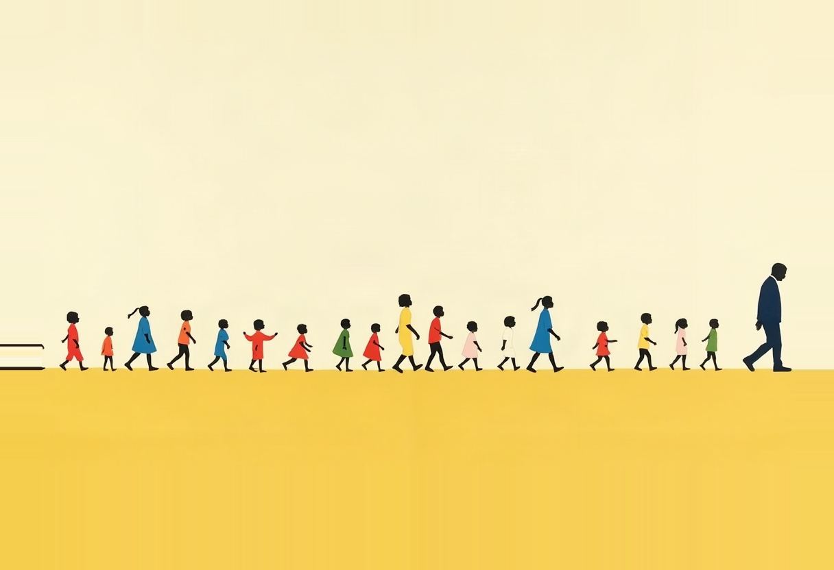 A line of small children in colorful clothing walk left in single file behind a tall adult figure in a dark suit, on a yellow ground against a pale cream background.