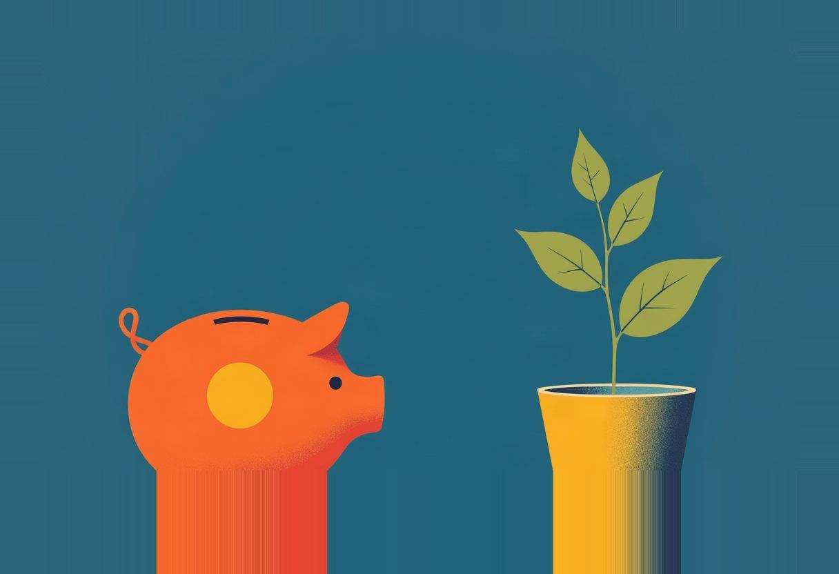 An orange piggy bank with a yellow coin-slot ear faces a yellow pot holding a small sprouting plant, set against a dark teal background.