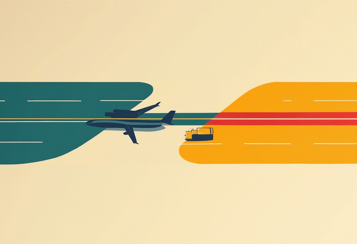 A dark blue jet crosses between a teal road shape and an orange one with a red stripe, with a small yellow ground vehicle nearby, on a cream background.