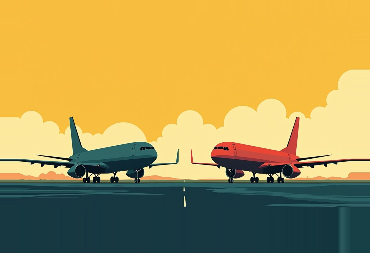 Two identical unmarked jetliners, one teal and one red, face each other nose-to-nose on a runway under a yellow-orange sky with pale clouds.