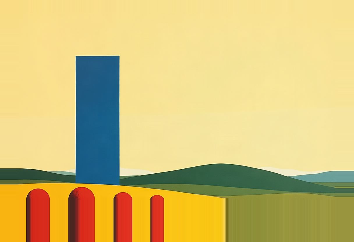 A tall blue rectangular monolith stands behind a yellow wall with four red arched columns, against green hills and a pale yellow sky.