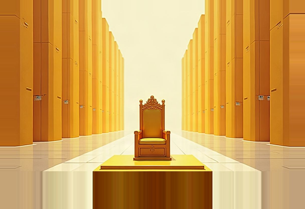 An empty gold throne on a golden platform stands in a corridor lined with tall golden server racks stretching into a bright vanishing point.