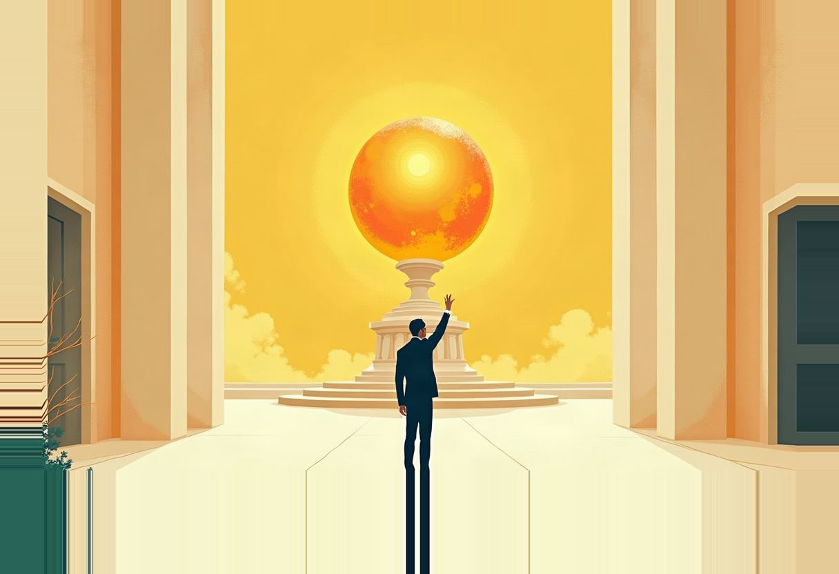 A suited figure seen from behind reaches a hand up toward a glowing orange sphere on a pedestal, framed by columns under a yellow sky.