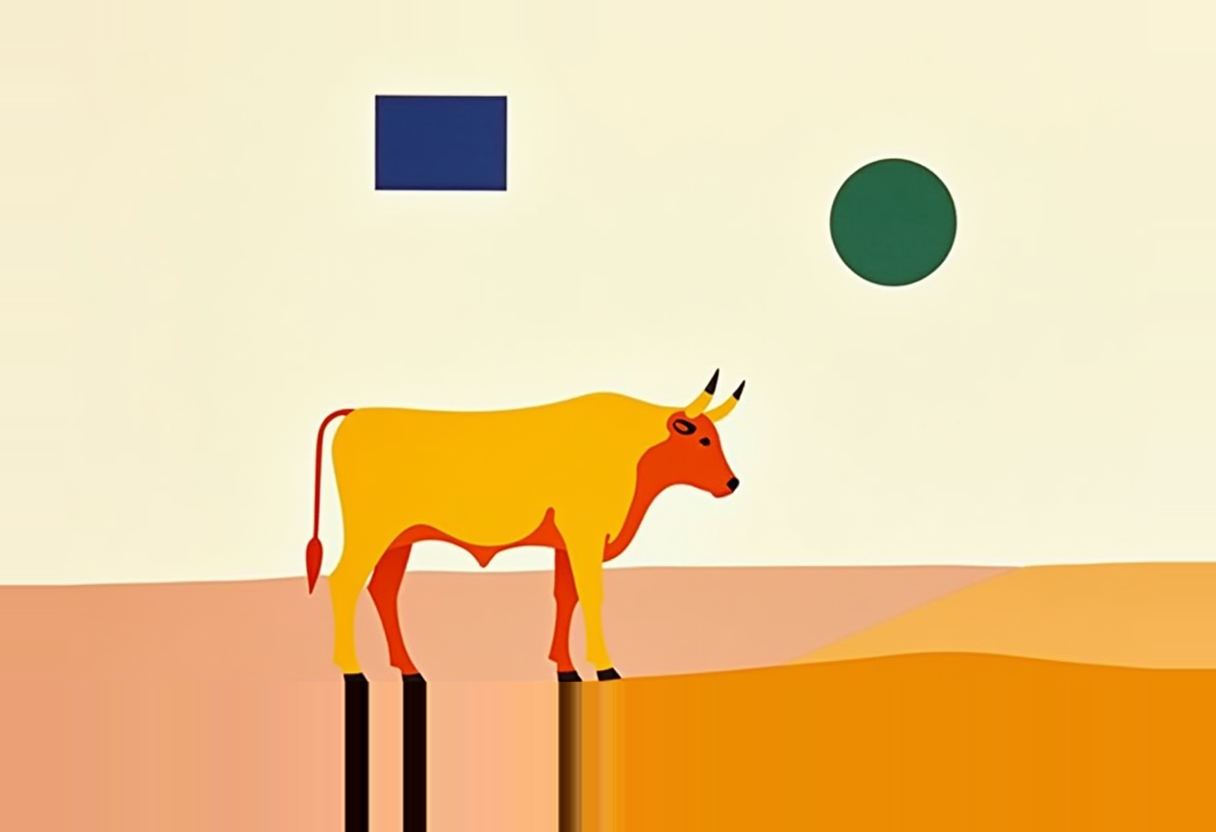 A flat-style illustration of a yellow and orange bull with curved horns standing on layered orange dunes beneath a cream sky with a navy rectangle and a dark green circle.