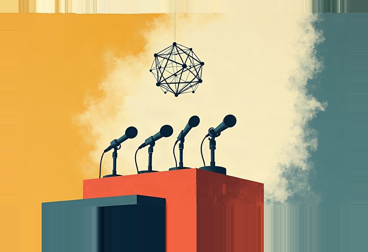 Four microphones stand atop a red podium beneath a suspended wireframe polyhedron, with smoke rising against an orange and teal split background.
