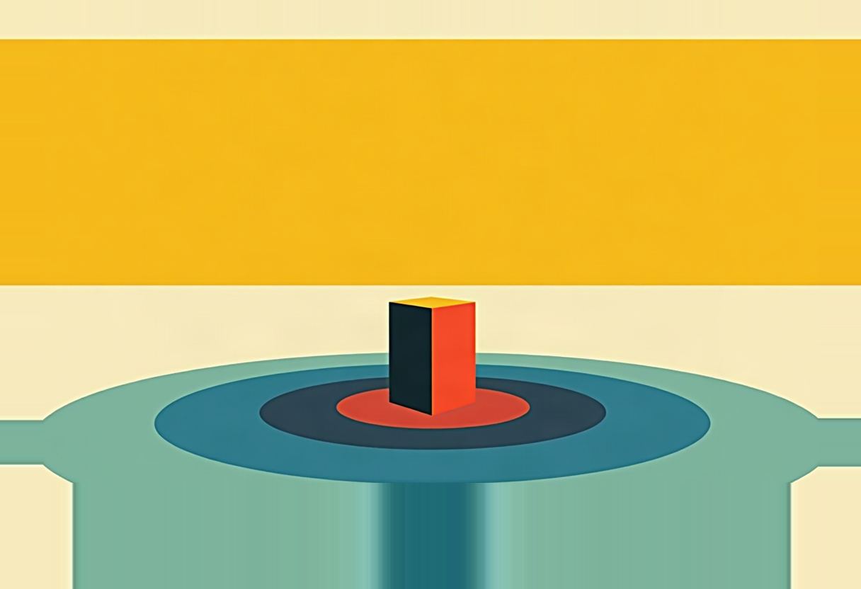A small rectangular block with dark and orange sides sits at the center of concentric teal rings on a pale surface, beneath a solid yellow horizontal band.