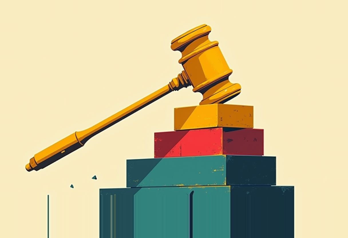 A large gold gavel rests diagonally atop a stack of blocks colored gold, red, and two shades of teal, against a pale yellow background.