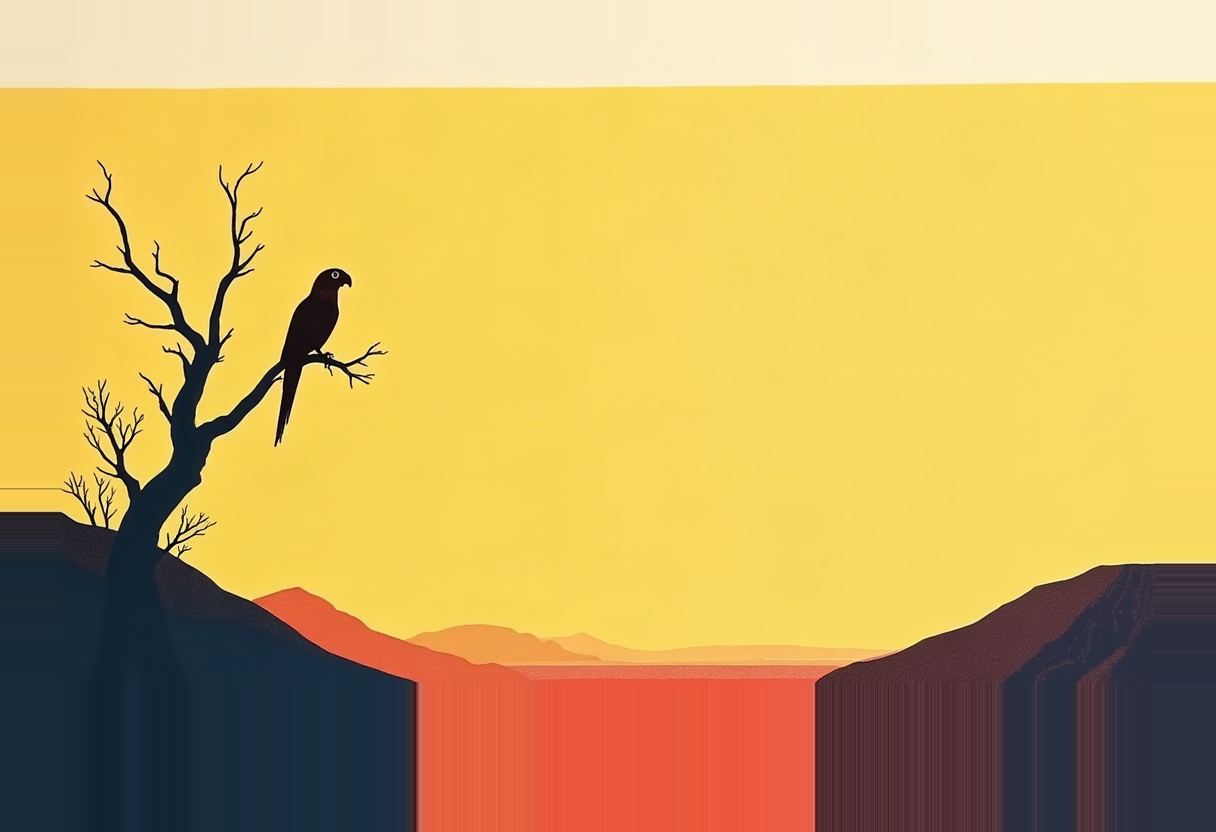 A dark parrot silhouette perches on a bare, leafless tree on a ridge, overlooking layered orange and brown hills under a solid yellow sky.
