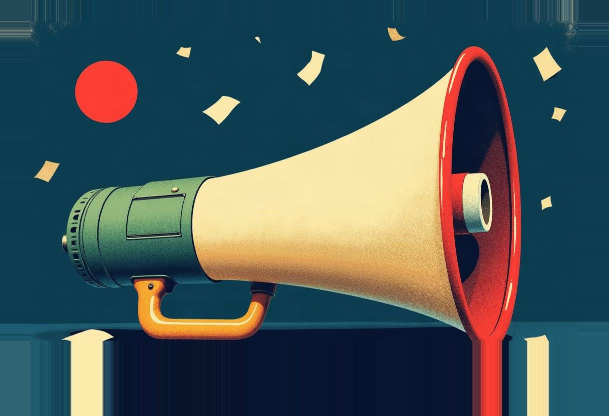 Illustration of a large megaphone with a red bell, cream body, and green-and-orange handle, facing right against a dark teal background with scattered cream paper scraps and a red circle.