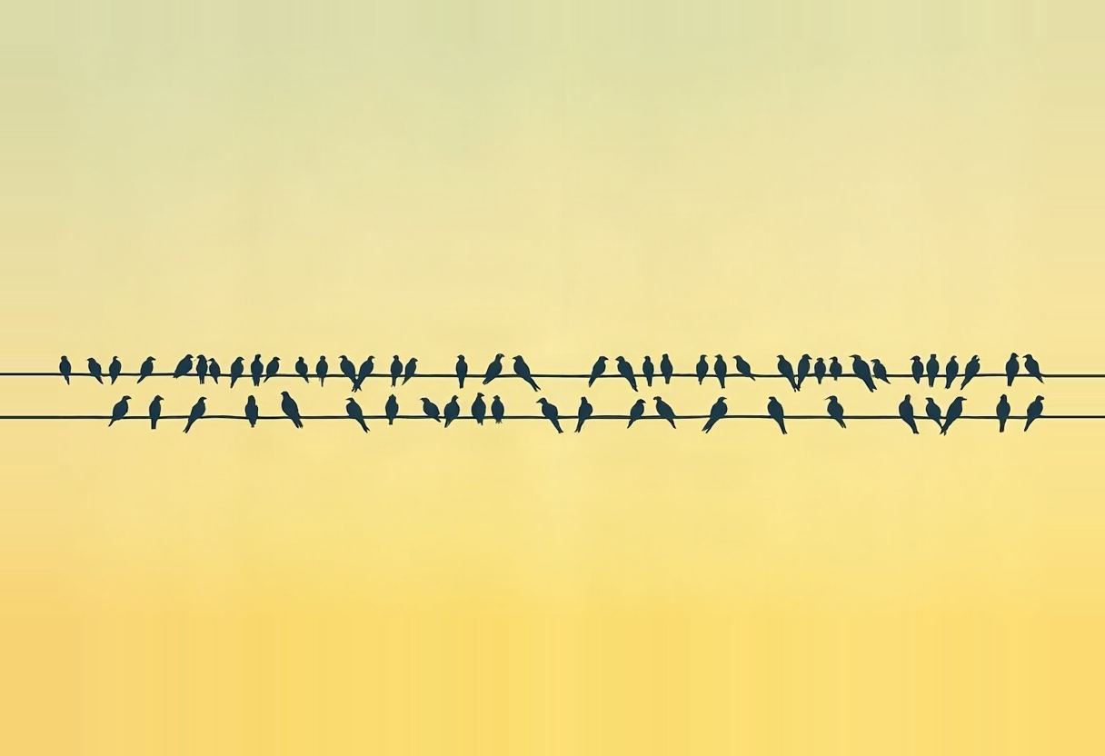 Dozens of dark silhouetted birds perch in clusters along two horizontal wires against a pale yellow-green gradient sky.
