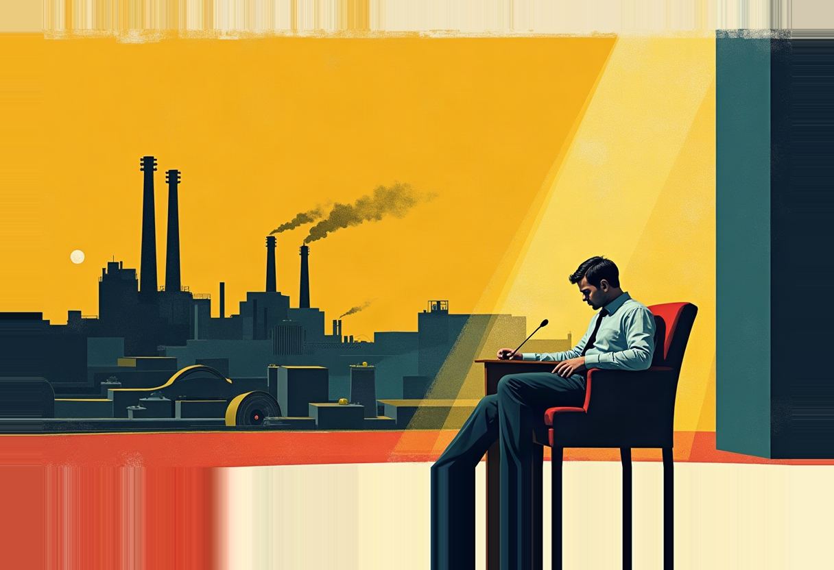 A man in a dress shirt sits slumped forward with head down at a small desk with a microphone, an industrial skyline with smoking chimneys behind him against an orange-yellow sky.