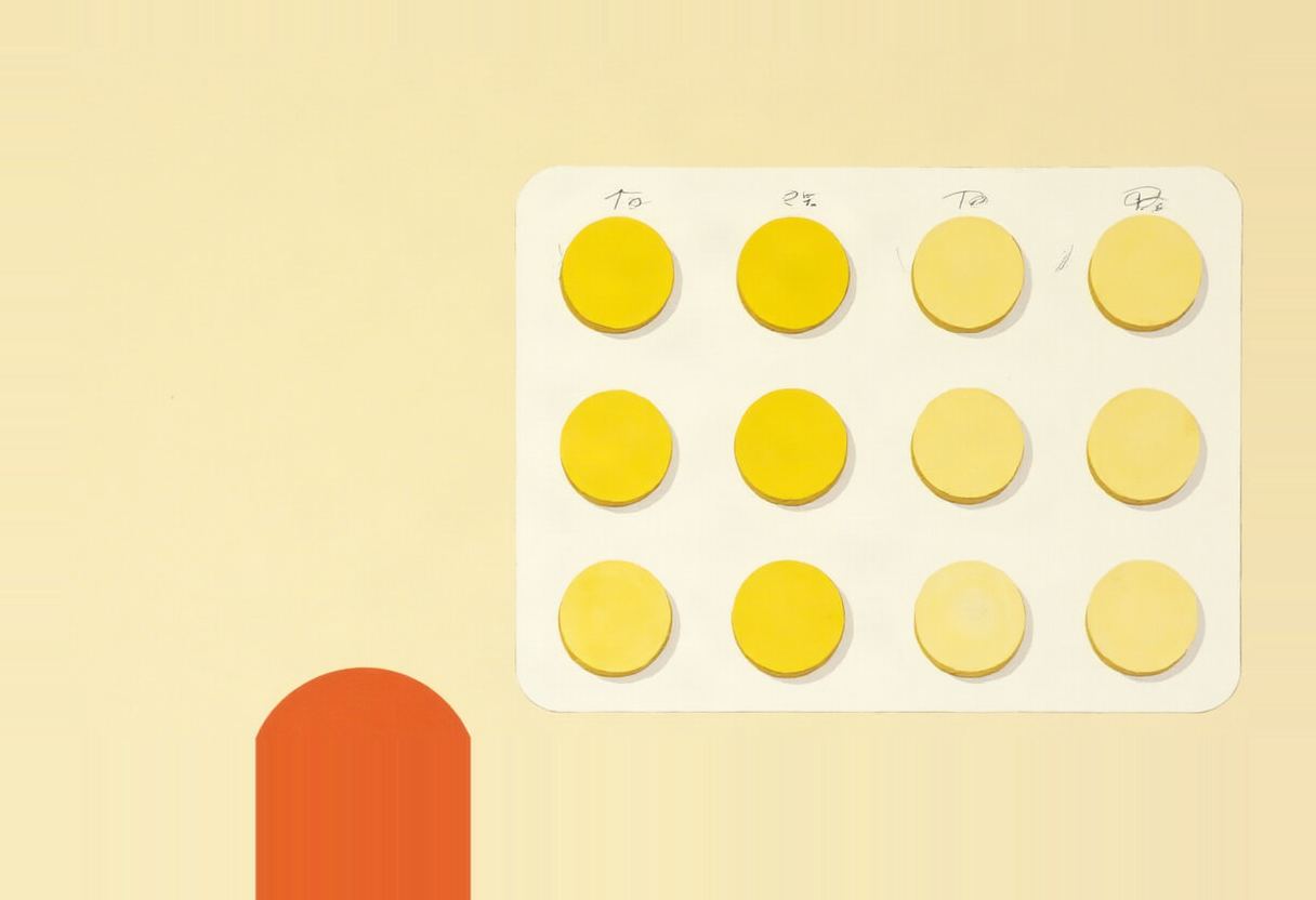 Illustration of a white pill blister pack with twelve round yellow tablets in four columns on a cream background, with an orange arch shape in the lower left corner.