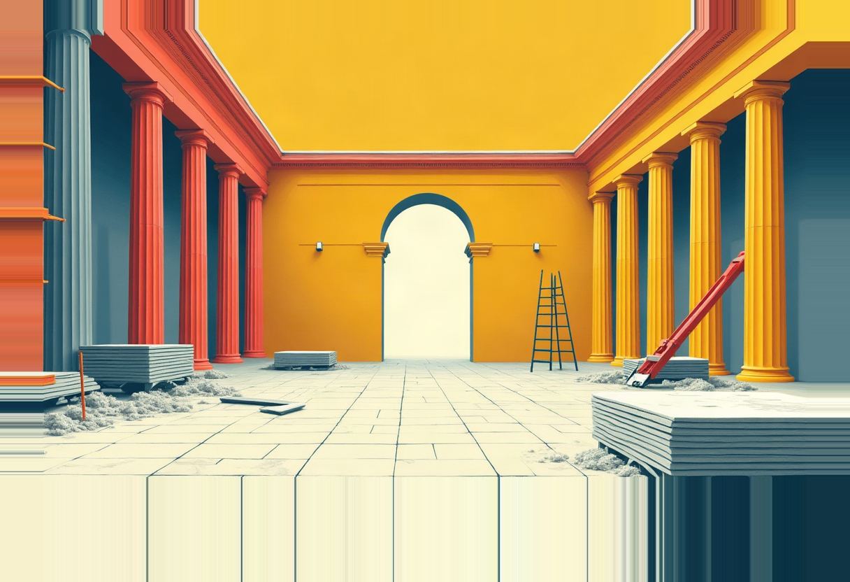 An illustrated colonnaded hall in red and yellow with stone columns, a central archway, a ladder, and stacked paving slabs on an unfinished floor.
