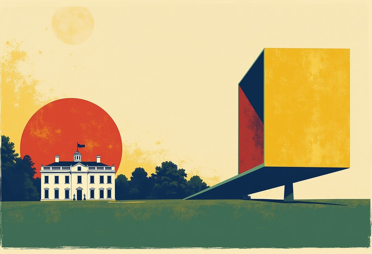 A white colonial mansion with a flagpole stands before a giant red sun, dwarfed by a huge tilted yellow-and-red geometric block balanced on a thin pedestal beside it.