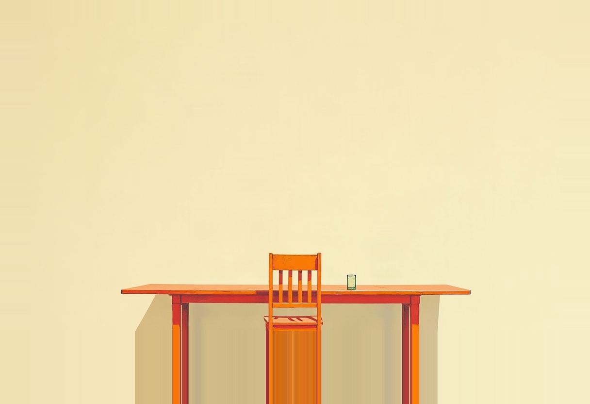An empty orange slatted chair pushed into a long orange and red table holding a single small glass, set against a plain pale yellow wall.