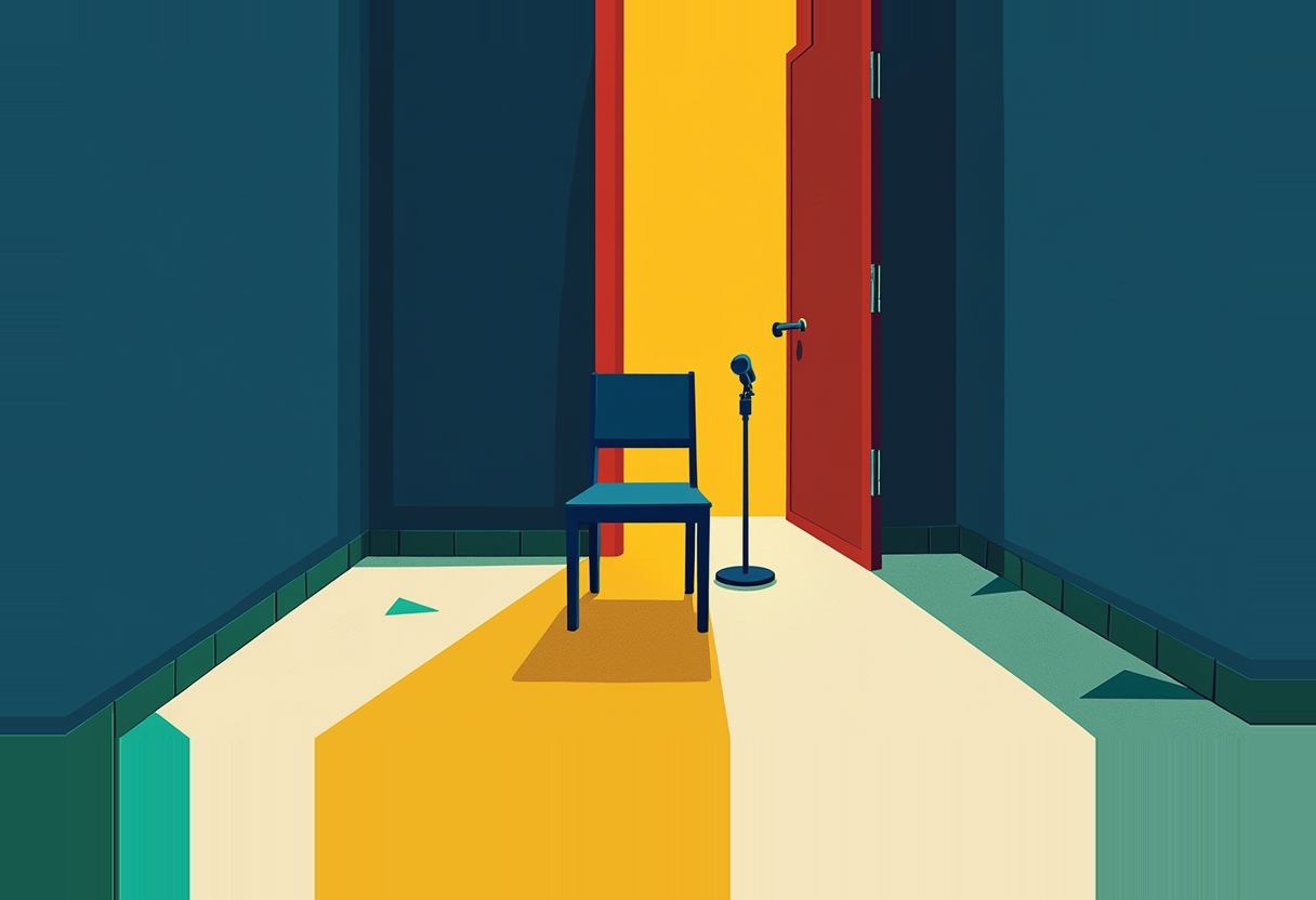 An empty navy chair and a standing microphone sit in a hallway before an open red door spilling yellow light onto a cream-and-teal floor.