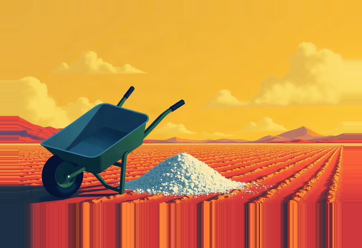 An empty wheelbarrow sits beside a small pile of white mineral powder in a plowed red field under a yellow sky with distant mountains.