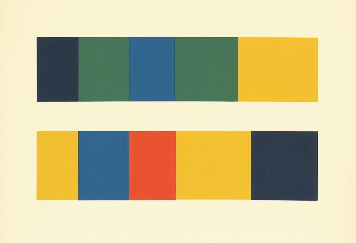 Two horizontal bands of five color blocks each on a cream background: top row navy, green, blue, green, yellow; bottom row yellow, blue, red, yellow, navy.