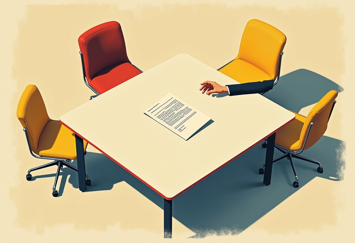 An empty negotiating table seen from above, two opposing chairs, a single unsigned document between them — abstract risograph rendering, no text