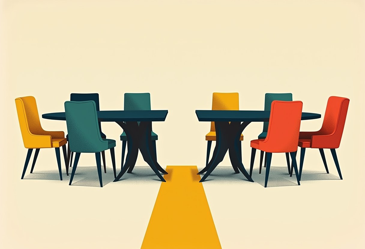 Editorial illustration of a negotiating table split in two with chairs facing away