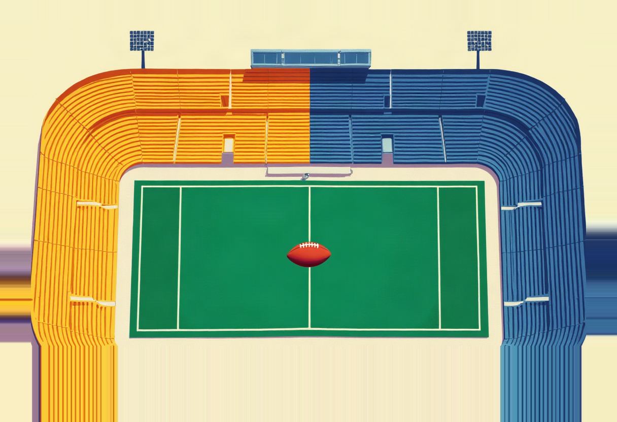 Illustrated overhead view of a football stadium split down the middle, orange seating on the left and blue seating on the right, with a green field and a single red football at center.