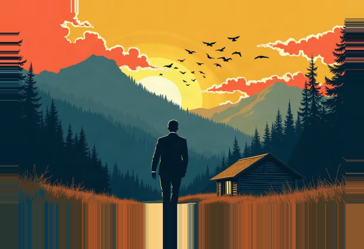 Silhouetted man in a suit walks toward a log cabin in a mountain valley at sunset, with a flock of birds crossing an orange and yellow sky.