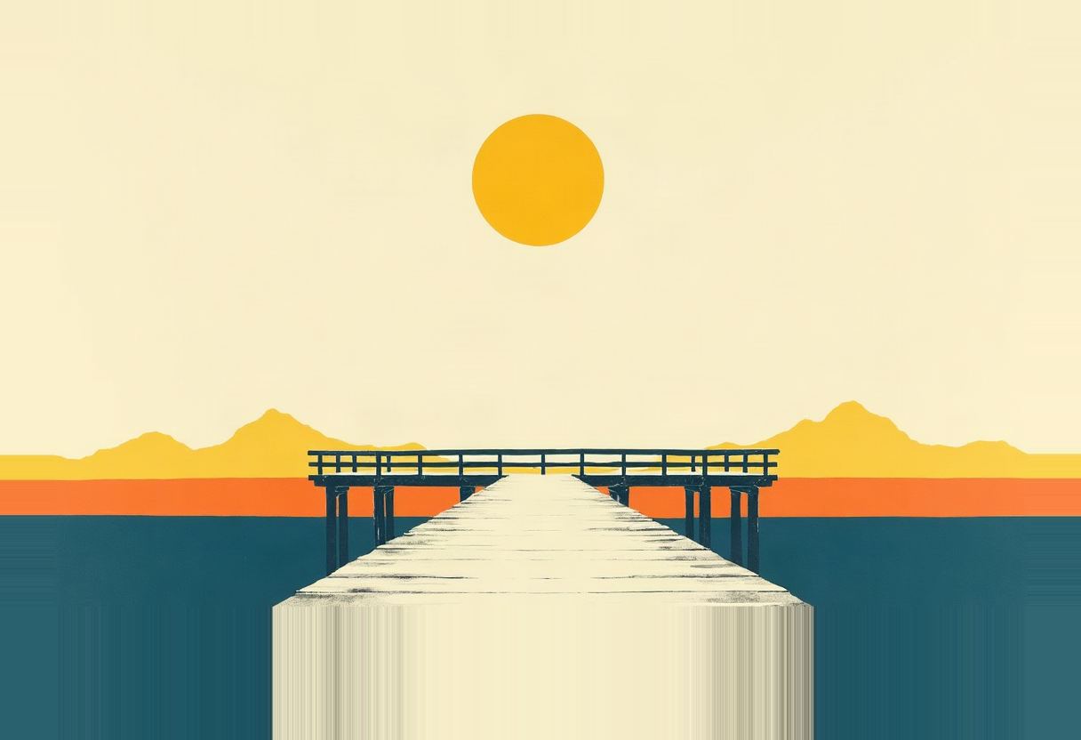 Illustrated wooden pier with dark railings extends toward a large yellow sun over teal water, orange horizon band, and yellow silhouetted mountains.