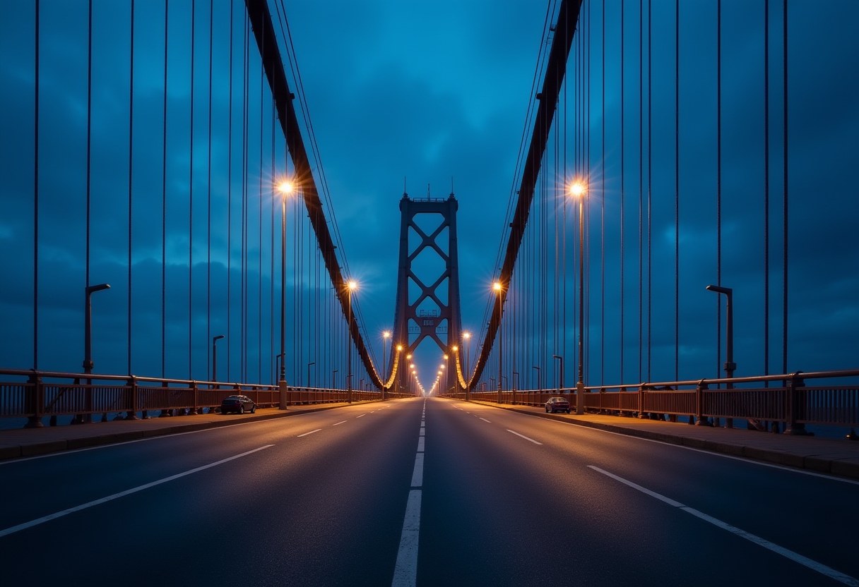 A suspension bridge at dusk split between cool blue and warm amber light, halves not meeting at center, no text or human figures