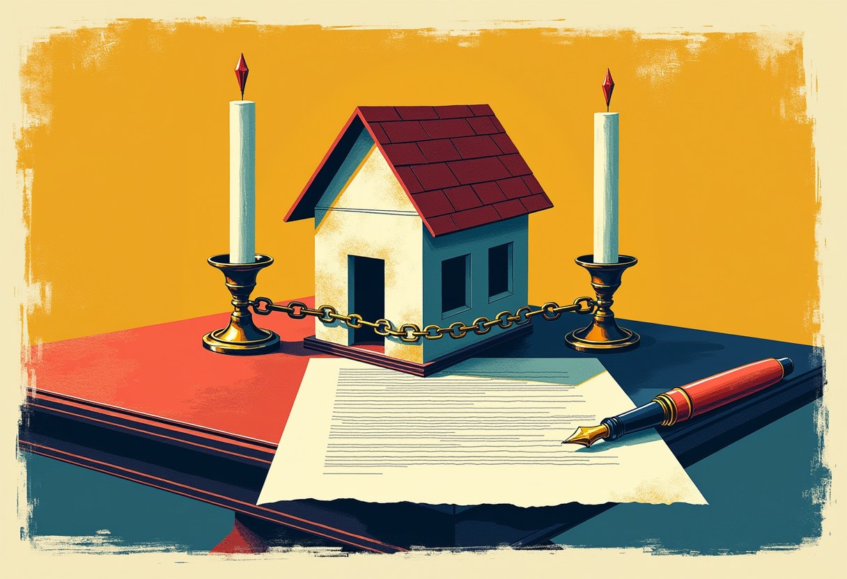 Editorial illustration of a small house chained to a ballot box on a signing table beside an untouched pen, the document beneath lifting at one corner